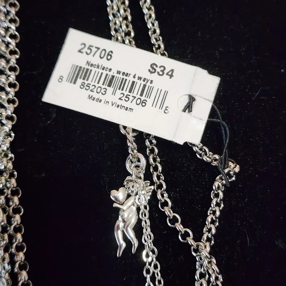 Cookie Lee Silver 3 Strand Layered Angel Heart and Crosses Necklace #25706 NWT